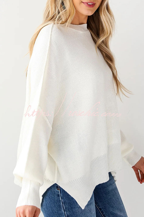 Distressed Knit Side Slit Long Sleeve Pullover Sweater