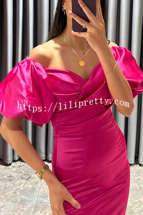 Talk Sweetly Satin Puff Sleeve Ruched Bust Formal Midi Dress - Fashionpara