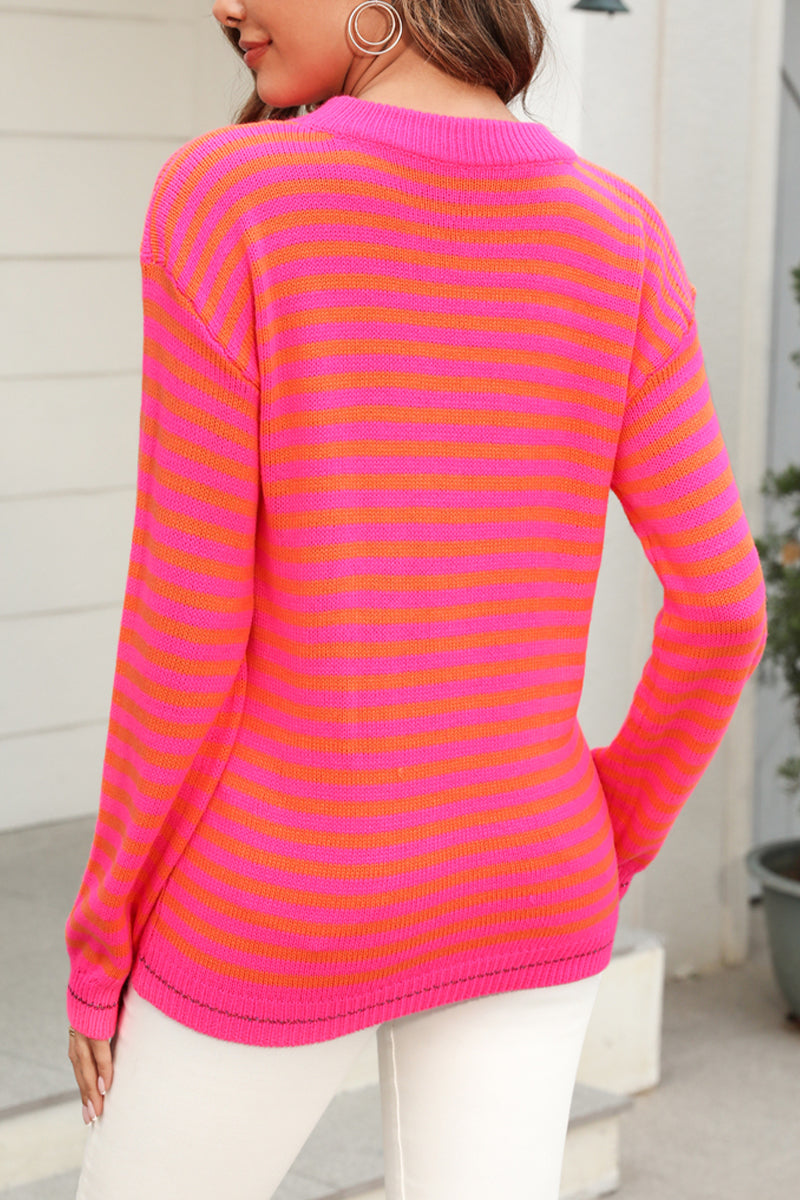 Striped Color Contrast Round Neck Pullover Sweater