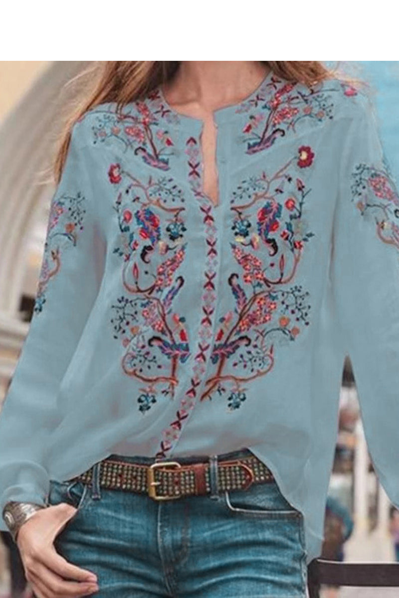 Stand Collar Embroidered Print Long Sleeve Top