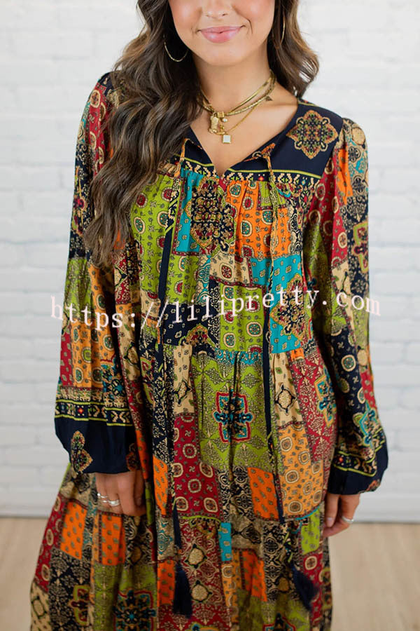 Rosalind Bohemia Ethnic Patchwork Print Long Sleeve A-line Maxi Dress - Fashionpara