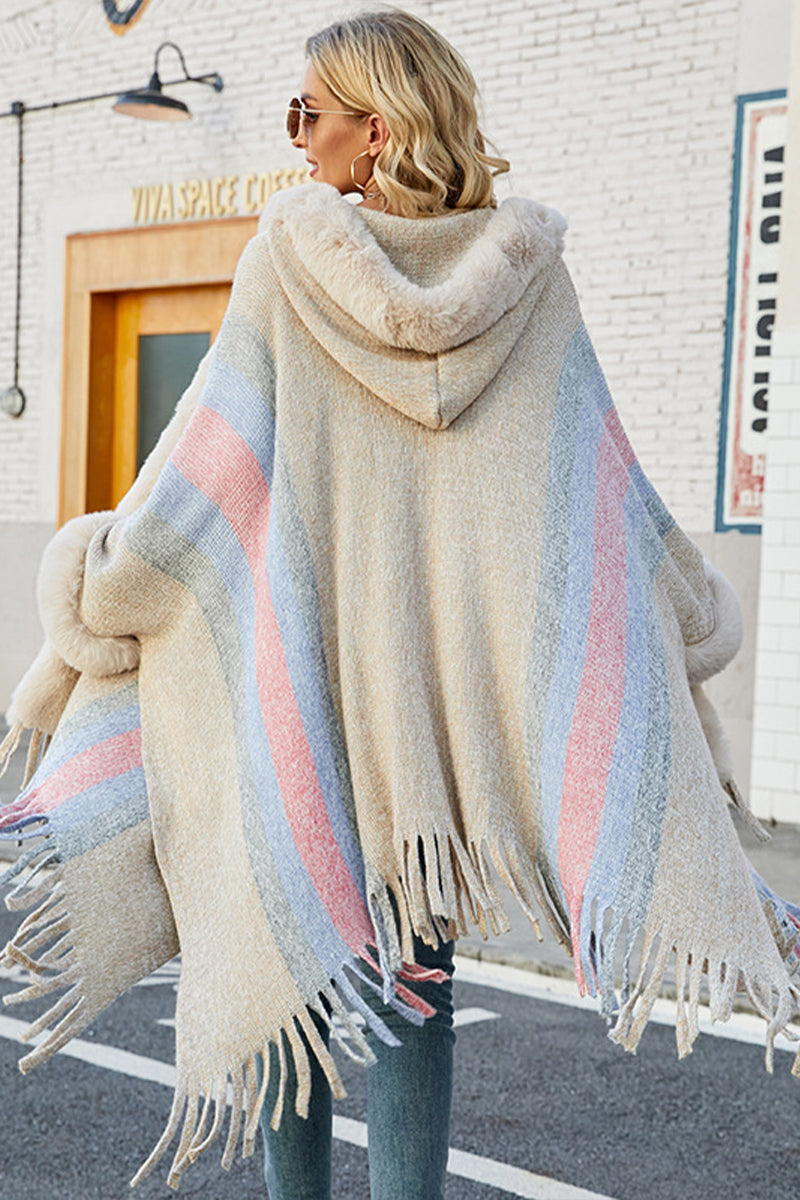 Hooded Multicolor Striped Fur Collar Fringed Knit Shawl Sweater