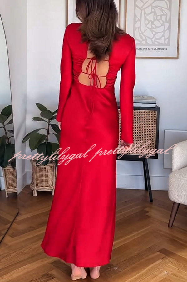 Winter Wedding Satin Back Tie-up Long Sleeve H-line Maxi Dress