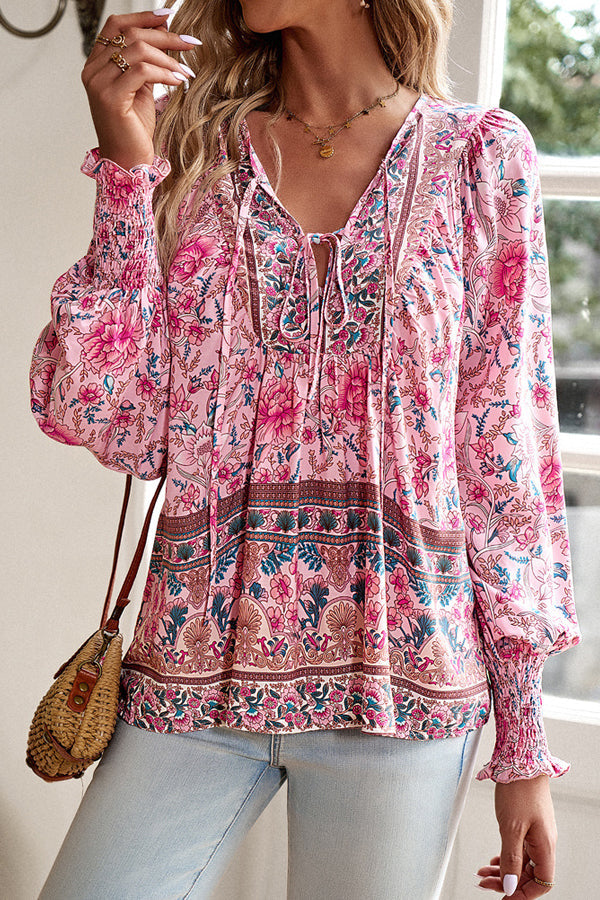 V Neck Floral Print Long Sleeve Casual Tops