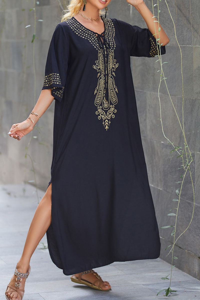 Beach Vacation Embroidered Round Neck Slit Cover Up Dress