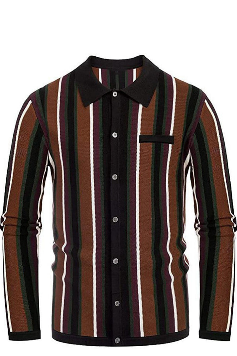 Men's Multicolor Striped Jacquard Knit Long Sleeve Polo Shirt