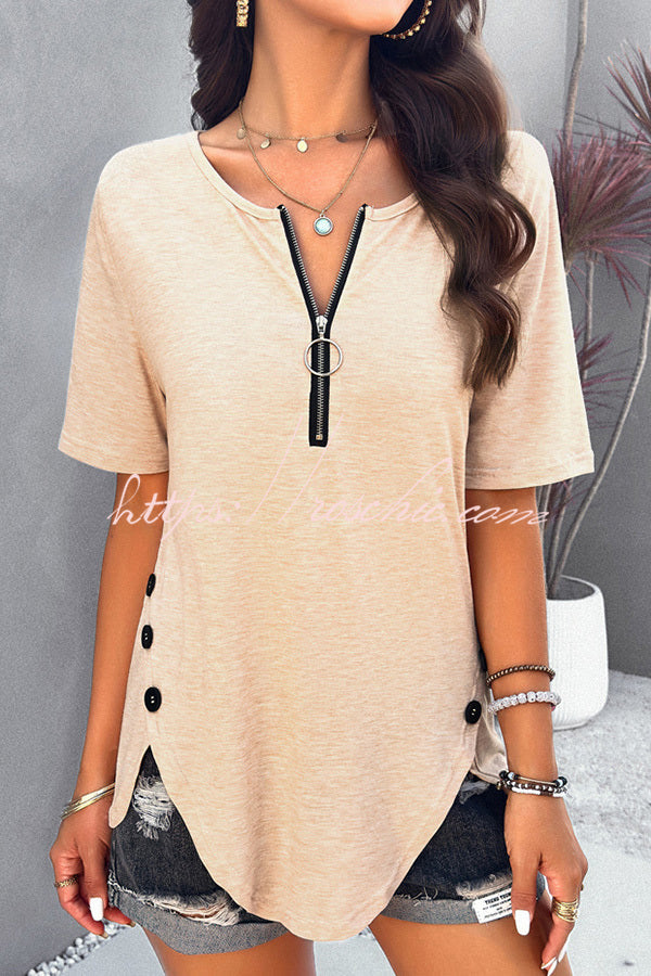 Plain Short Sleeved Zippered Slit Button T-Shirt