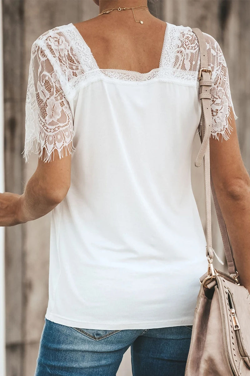 V Neck Daily Solid Lace Patchwork White T-shirt(2 Colors)