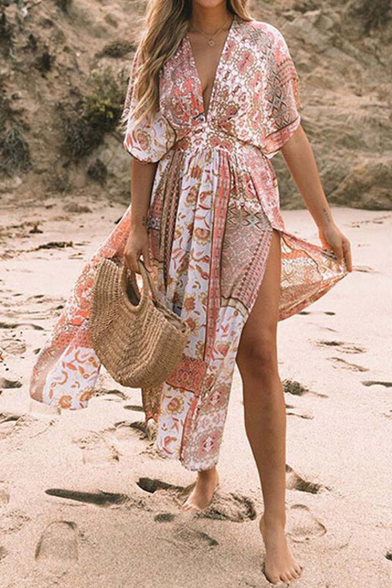 Bohemian Floral Print Deep V Short Sleeve High Split Midi Cover Up