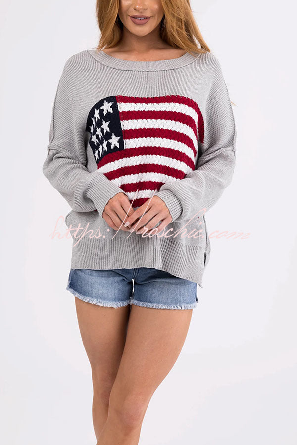 Independence Day Patchwork Long Sleeved Crew Neck Knitted Sweater