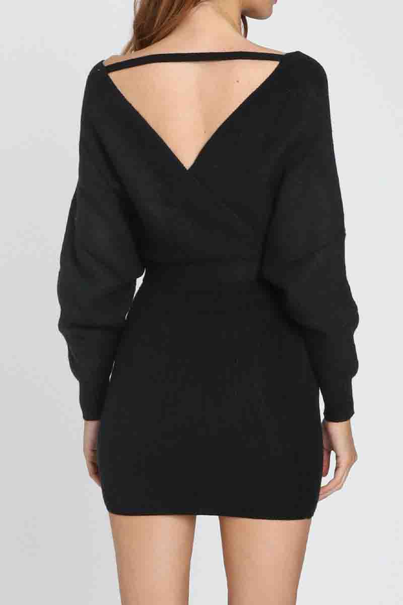 V Neck Knit Sweater Dress（3 Colors）