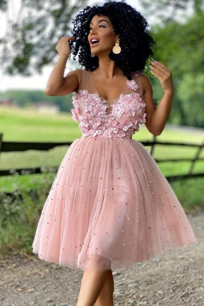 Yolanda A-Line Beaded Tulle Homecoming Dress with Flowers