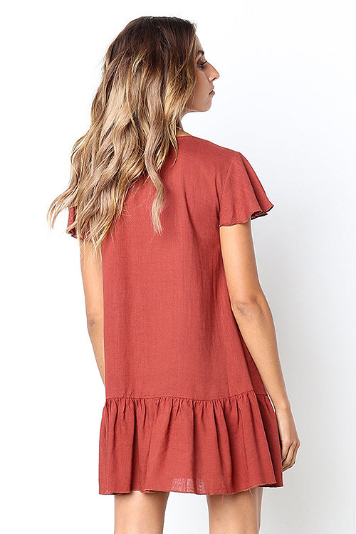 Button-up V-neck Ruffle Mini Dress - 4 Colors