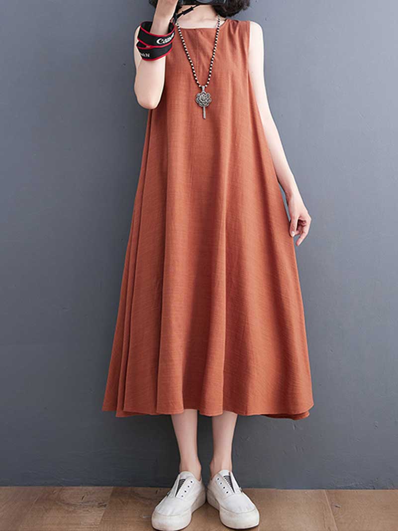 Plain Cotton Round Neck Sleeveless Midi Dress - Fashionpara