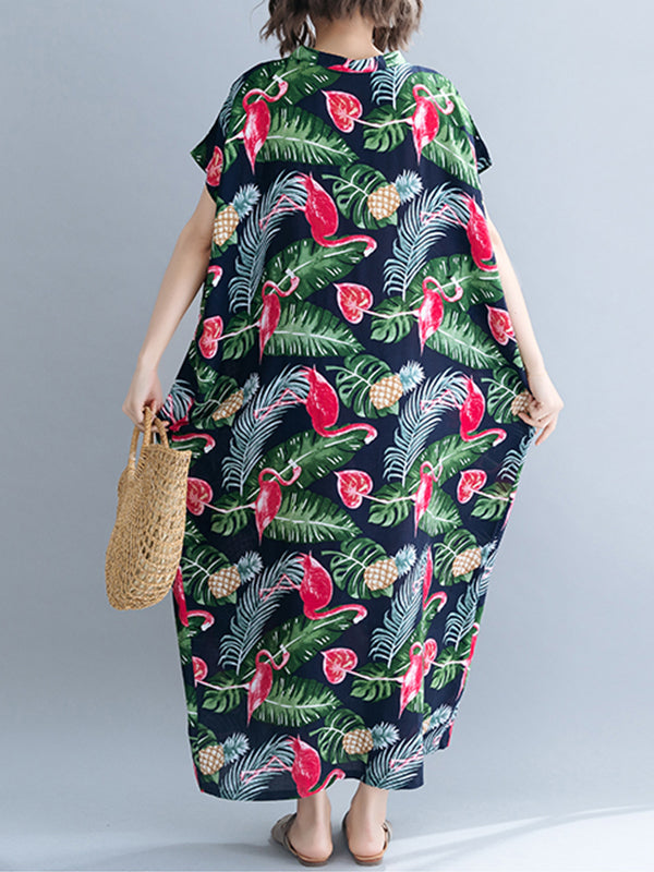 Palm Leaves & Flamingo Plus Size Kaftan Dress - Fashionpara