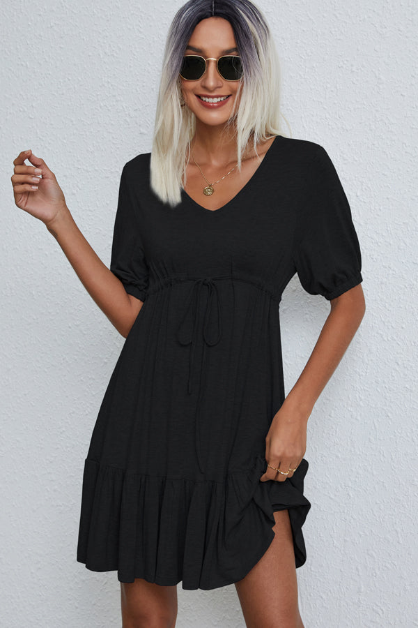 V Neck Drawstring Waist Solid Casual Mini Dress