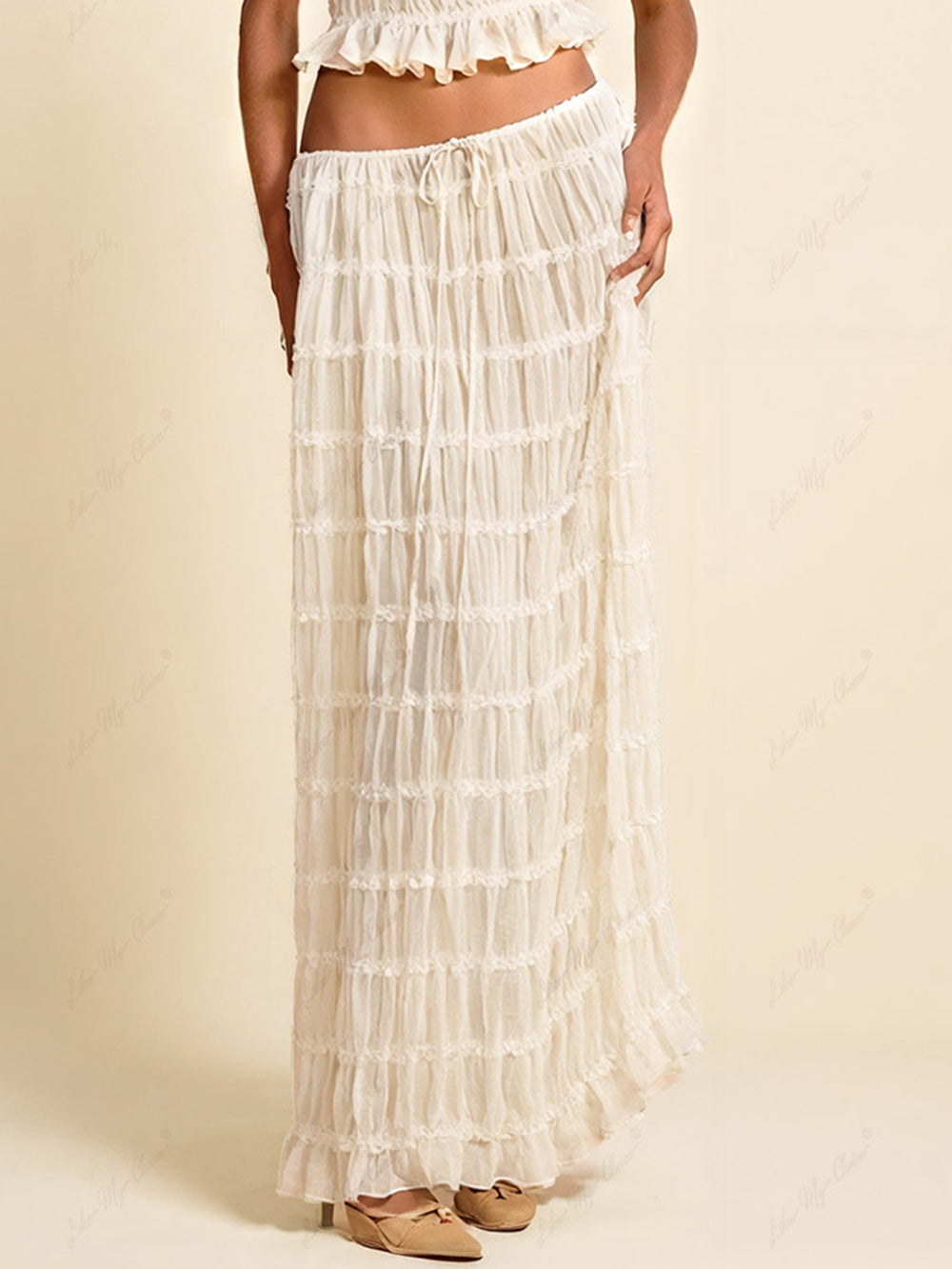 Charm Pleated Drawstring Waist Tiered Maxi Skirt - Fashionpara