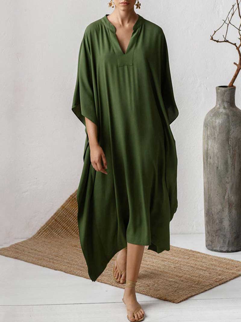 Plain Polyester Long Sleeves Kaftan Dress - Fashionpara