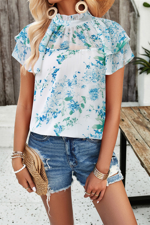 Floral Print Paneled Pleated Crew Neck Pullover Short Sleeved Top