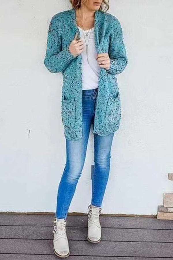 Aminga Colorful Spotted Pocket Crochet Long Sleeved Cardigan