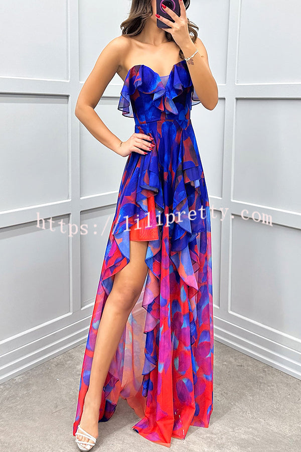 Loving Moment Gradient Unique Print Flowing Layered Ruffles Strapless Slit Maxi Dress - Fashionpara