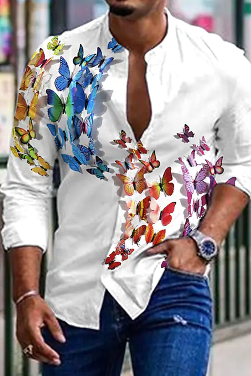 Butterfly Print Stand Collar White Long Sleeve Shirt