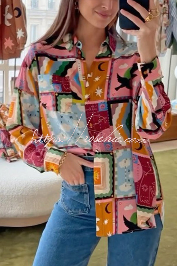 Fashionable Colorful Unique Print Button-down Relaxed Blouse