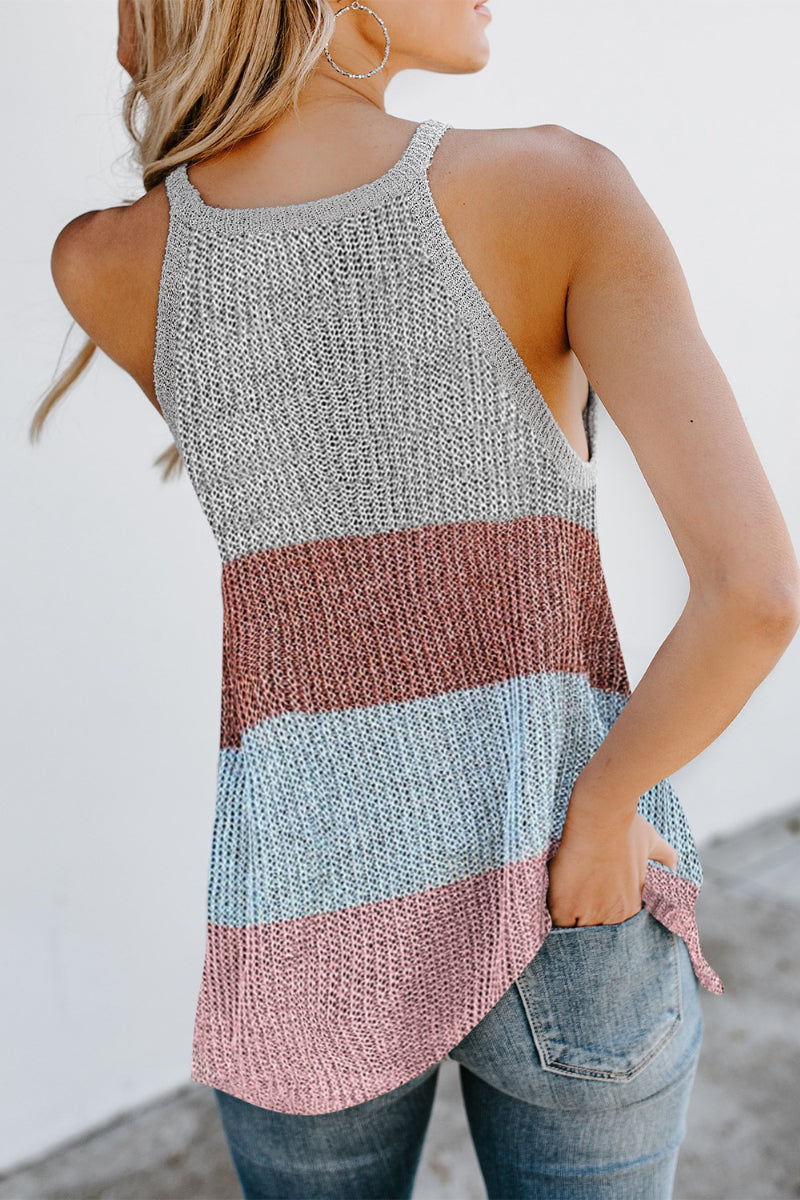 Striped Halter Crew Neck Sleeveless Knit Vest（3  Colors）