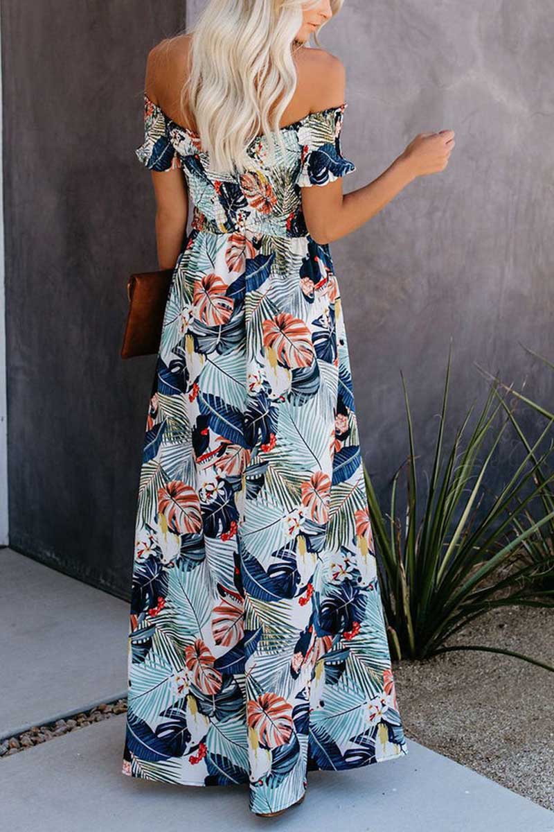 Casual Leaf Print Off Shoulder Wrap Chest Maxi Dress