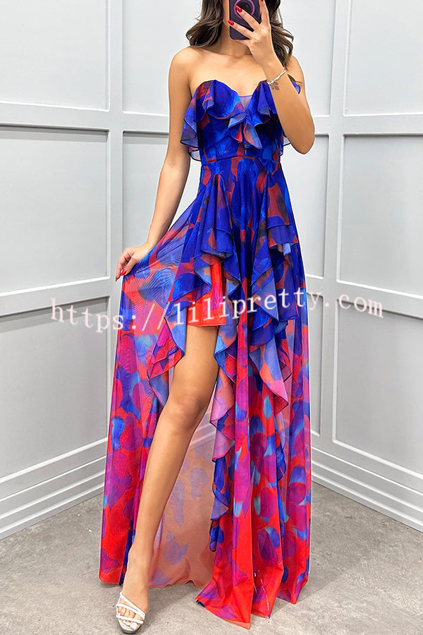 Loving Moment Gradient Unique Print Flowing Layered Ruffles Strapless Slit Maxi Dress - Fashionpara