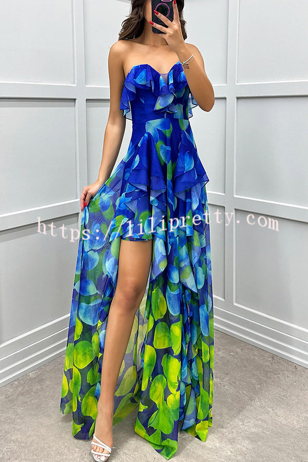 Loving Moment Gradient Unique Print Flowing Layered Ruffles Strapless Slit Maxi Dress - Fashionpara