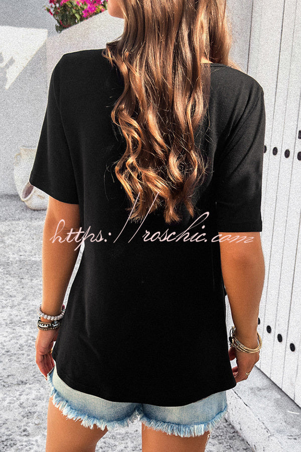 Plain Short Sleeved Zippered Slit Button T-Shirt