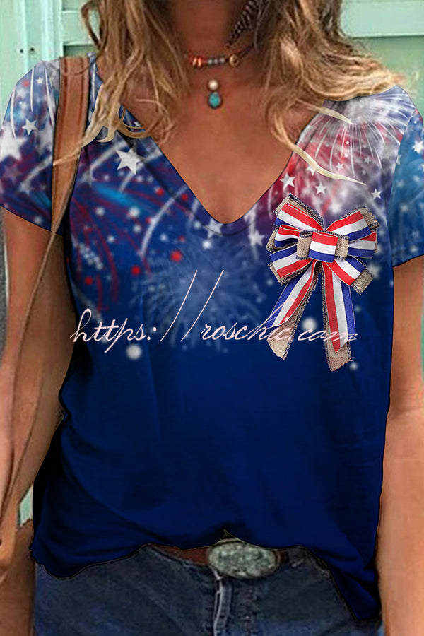 Independence Day Printed V Neck Short Sleeve T-Shirt