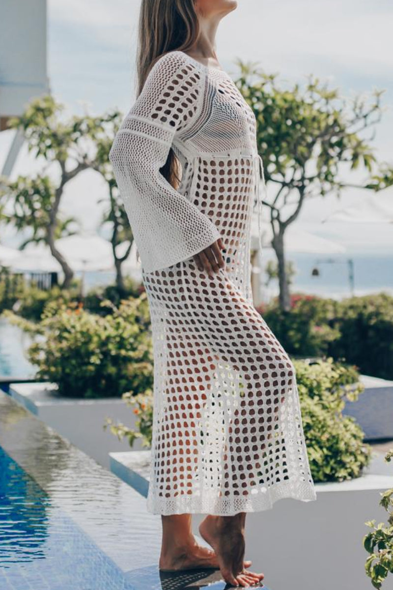 Flare Sleeve Knitted White Swimsuit Cover Up