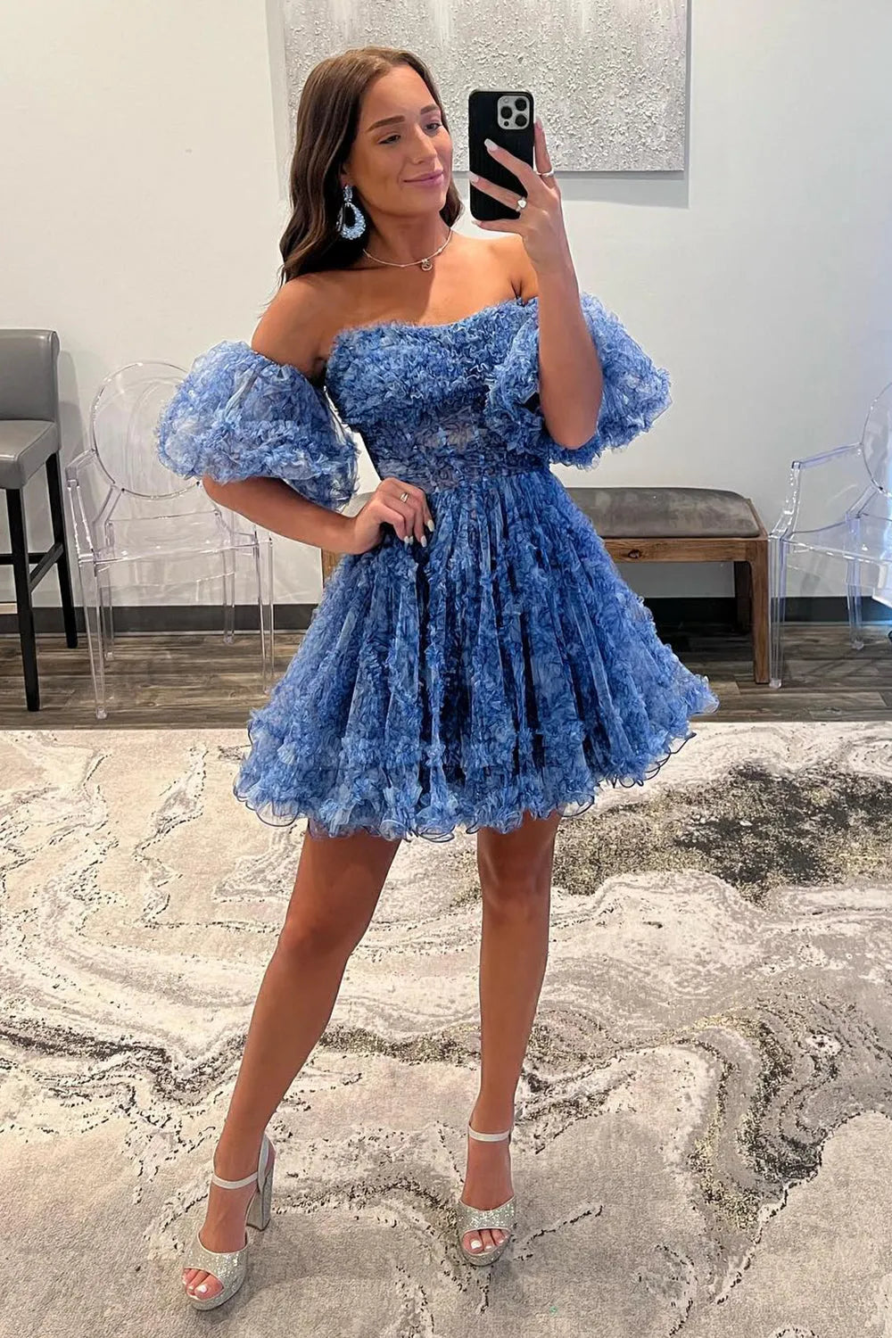 Blue Puff-Sleeved Ruffled A-Line Printed Homecoming Dress