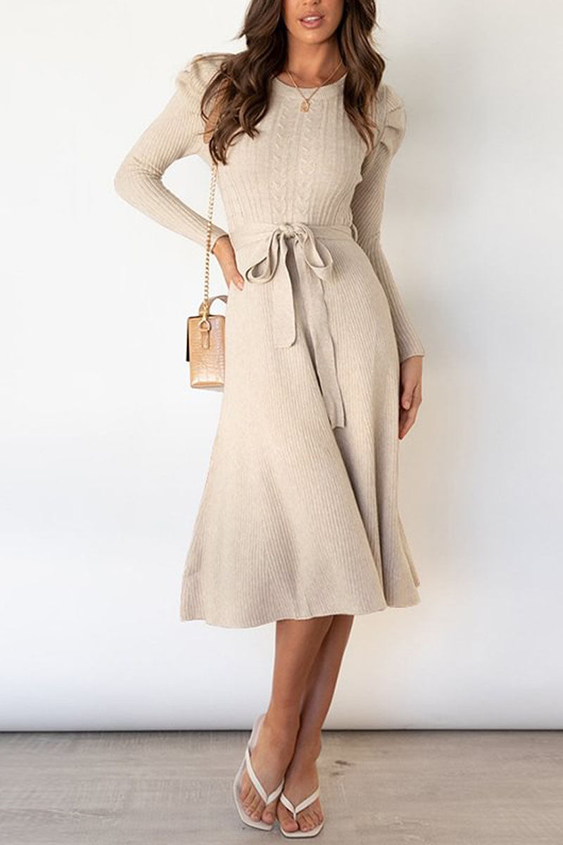 Puff Long Sleeve Belted Knit Sweater Dress