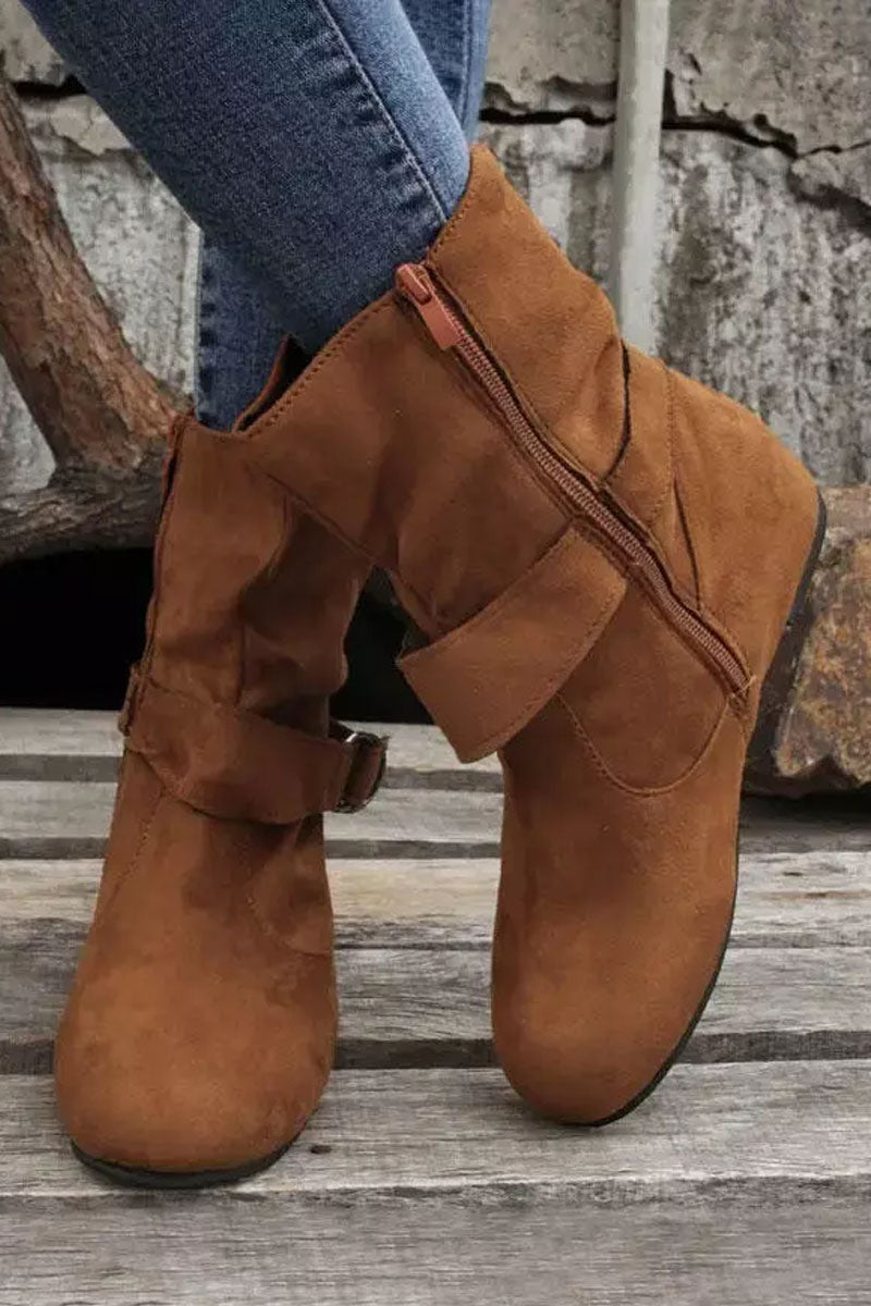 Zipper Buckle Strap Round Toe Boots