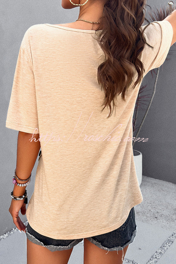 Plain Short Sleeved Zippered Slit Button T-Shirt