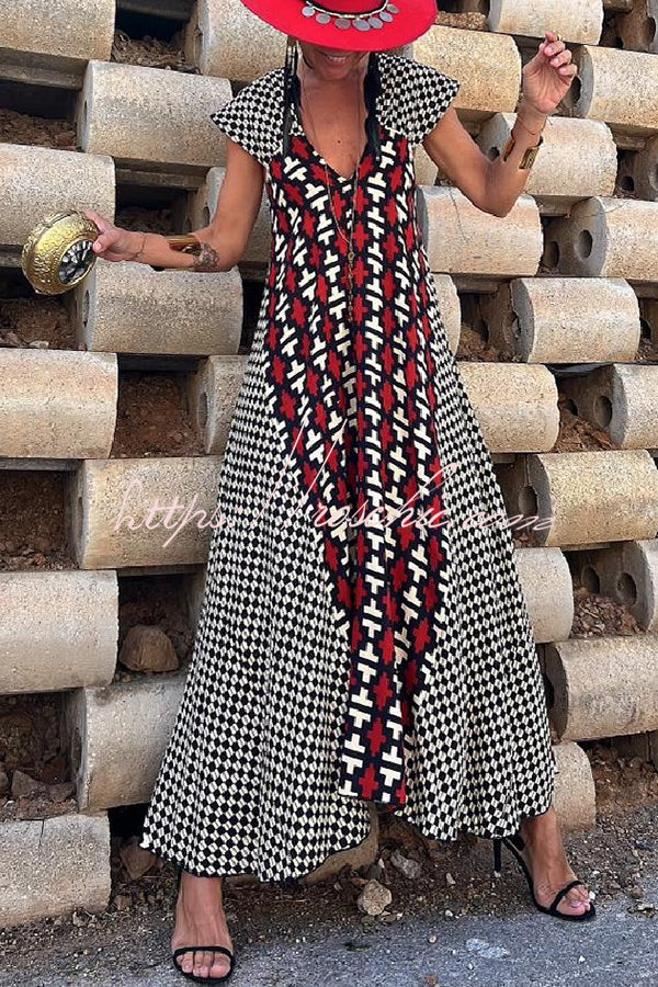 Fresh Breeze Ethnic Unique Print Ruffle Sleeve A-line Maxi Dress - Fashionpara