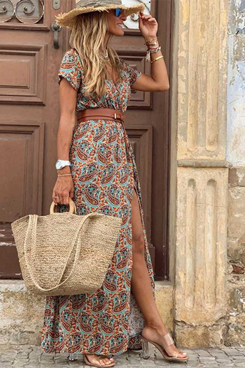 Boho Style Short Sleeve Print Maxi Dress