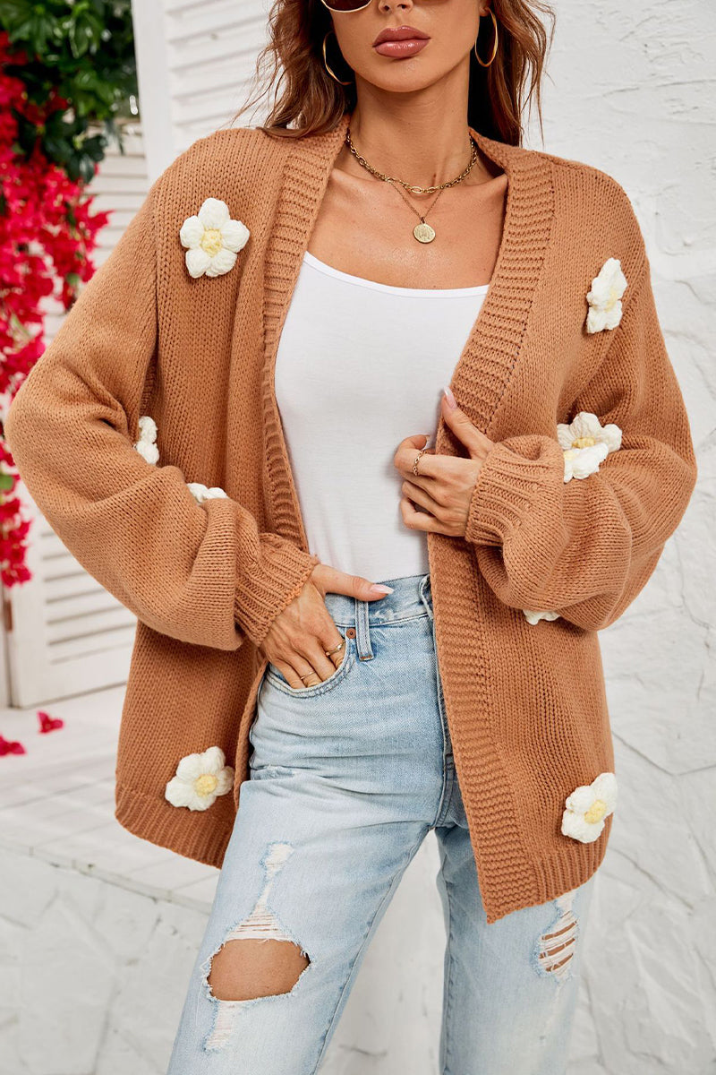 Knitted Flower Balloon Sleeve Cardigan Sweater