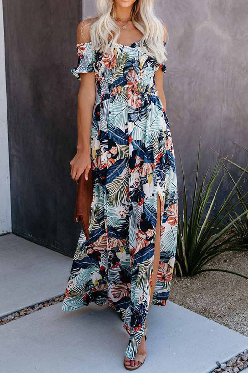 Casual Leaf Print Off Shoulder Wrap Chest Maxi Dress