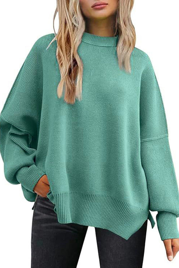 Distressed Knit Side Slit Long Sleeve Pullover Sweater