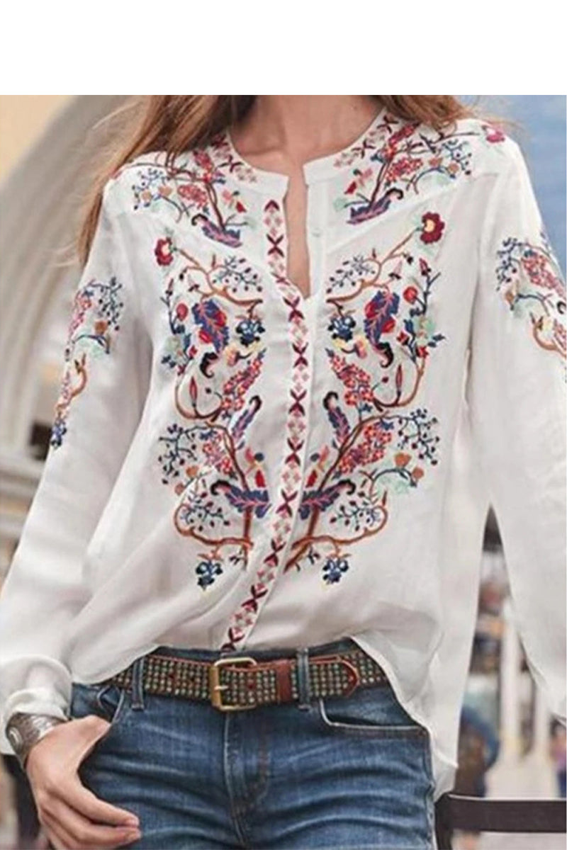 Stand Collar Embroidered Print Long Sleeve Top