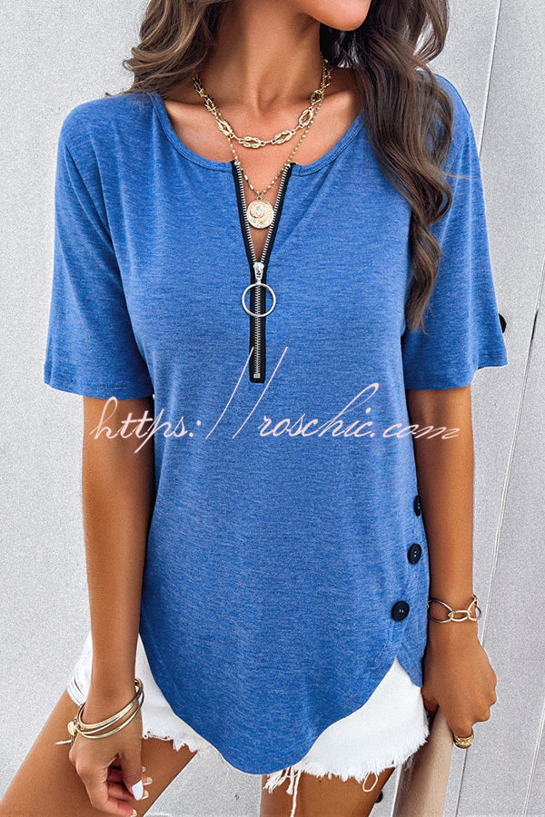 Plain Short Sleeved Zippered Slit Button T-Shirt