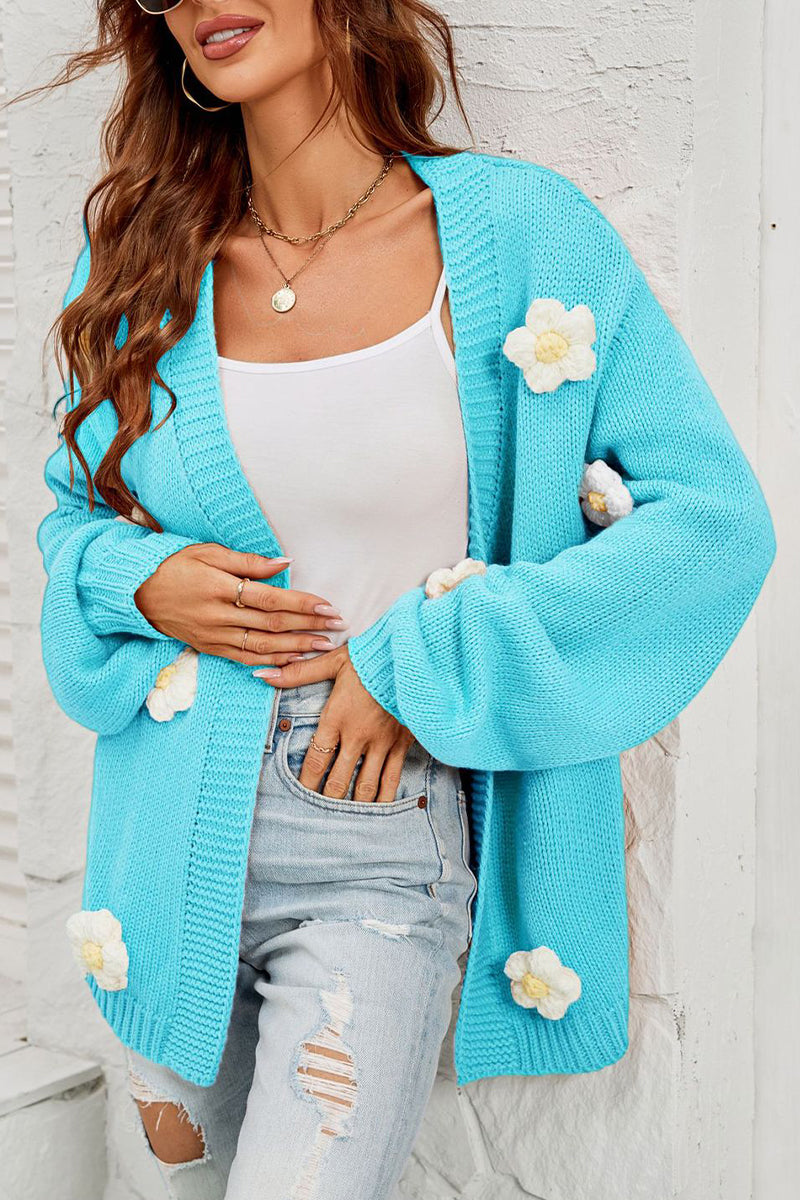 Knitted Flower Balloon Sleeve Cardigan Sweater