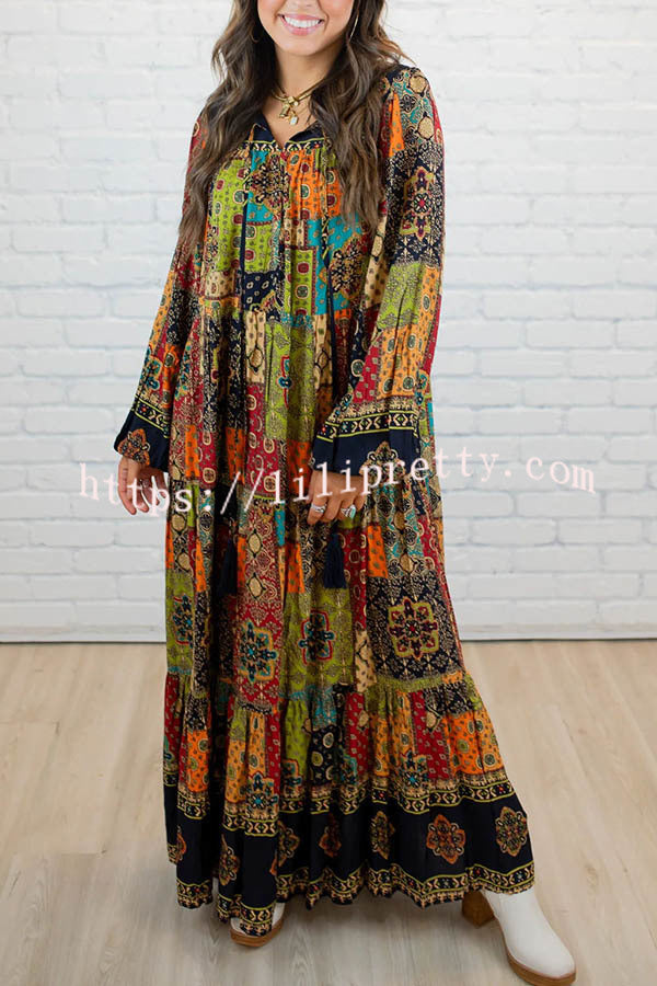 Rosalind Bohemia Ethnic Patchwork Print Long Sleeve A-line Maxi Dress - Fashionpara