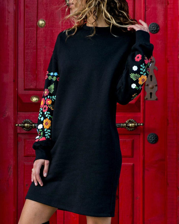 Round neck loose sleeves printed dress