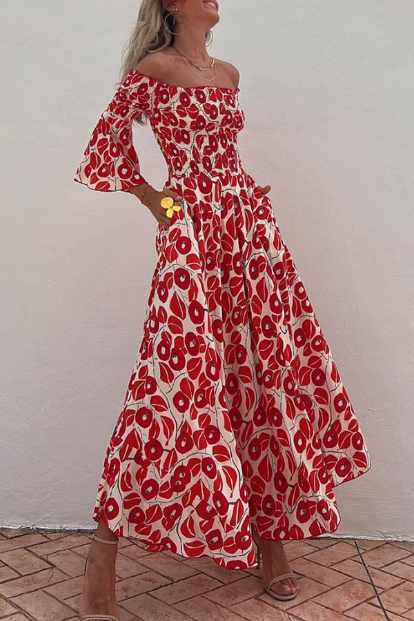 Close To The Vacation Floral Print Smocked Off Shoulder Pocketed Maxi Dress - Fashionpara