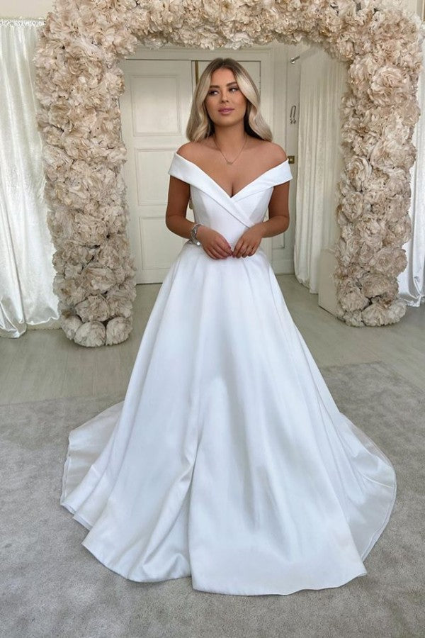 A-Line Off-the-Shoulder Satin Long Bridal Gown